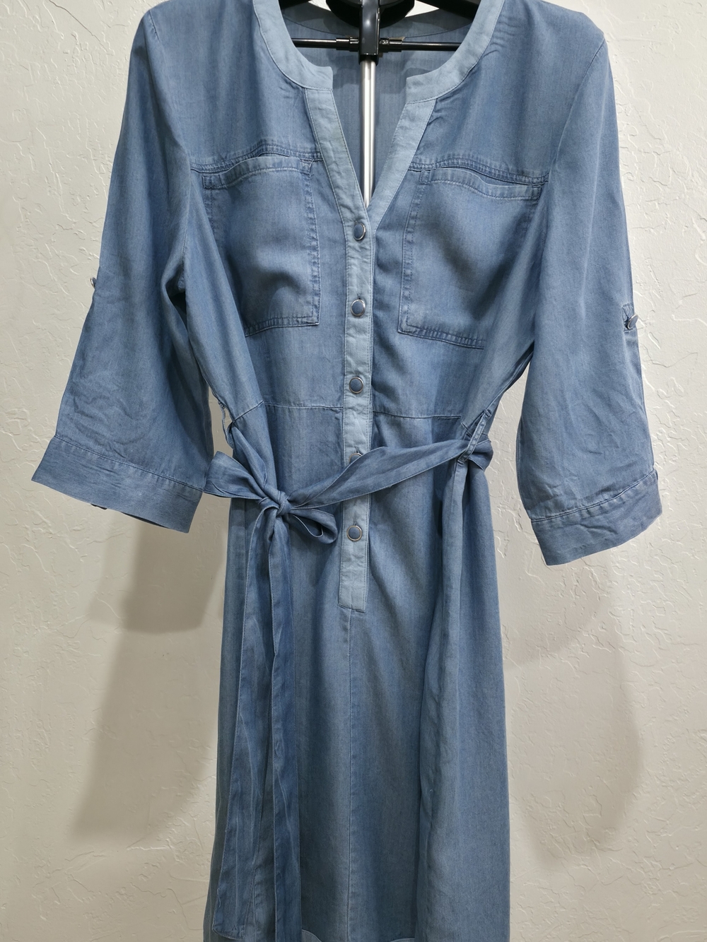 Harlow Light Blue Chambray Midi Shirt Dress with Tie Waist